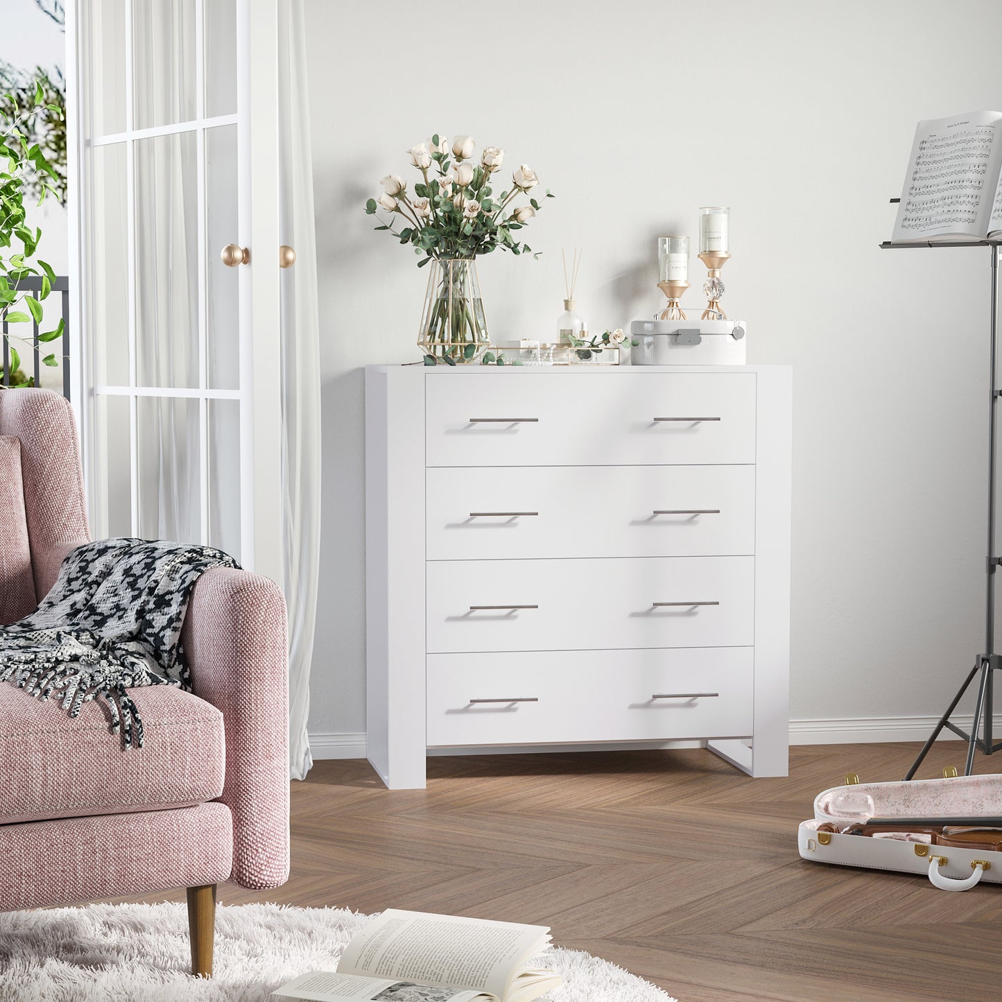 HOMCOM Bedroom Furniture Set With Four Drawer Chest And Two Drawer Nightstand In Modern White