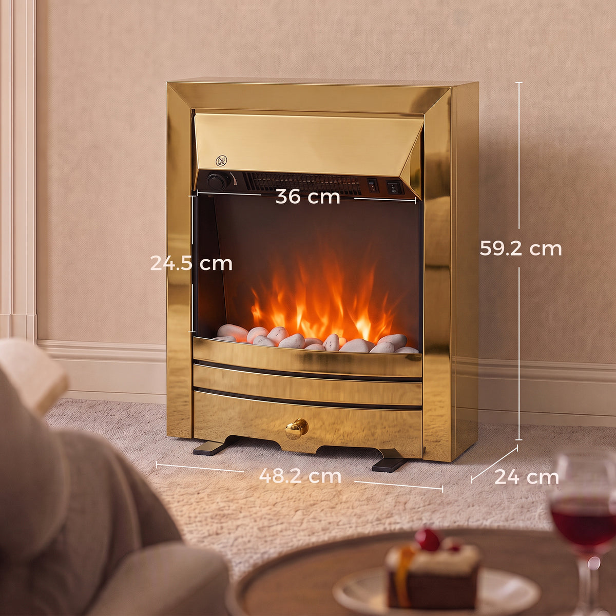 Compact electric fireplace stove with LED flame, brass frame, feet, and front panel