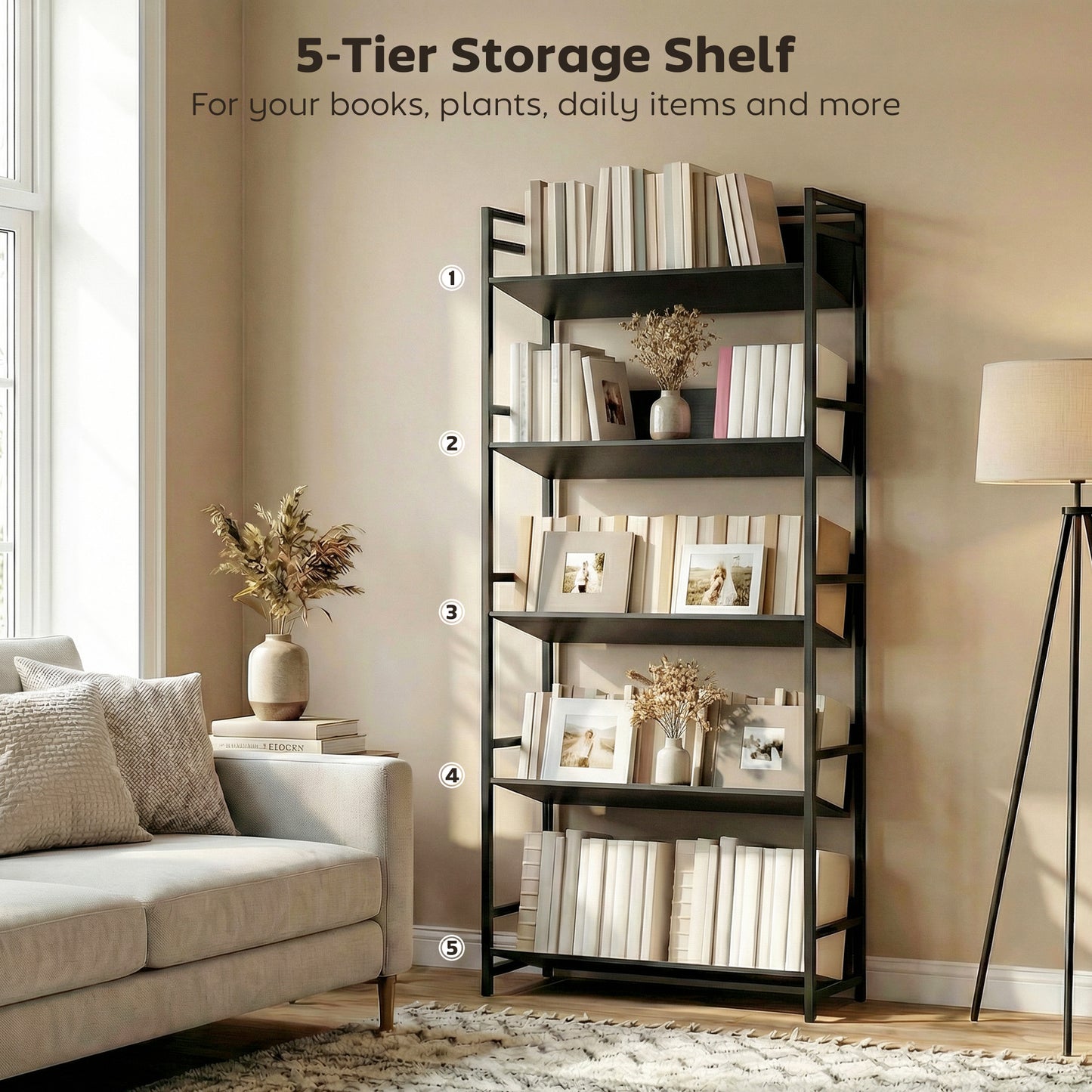HOMCOM 5 Tier Metal Frame Bookcase Storage Shelves for Living Room Black Ideal for Organizing Books and Decor