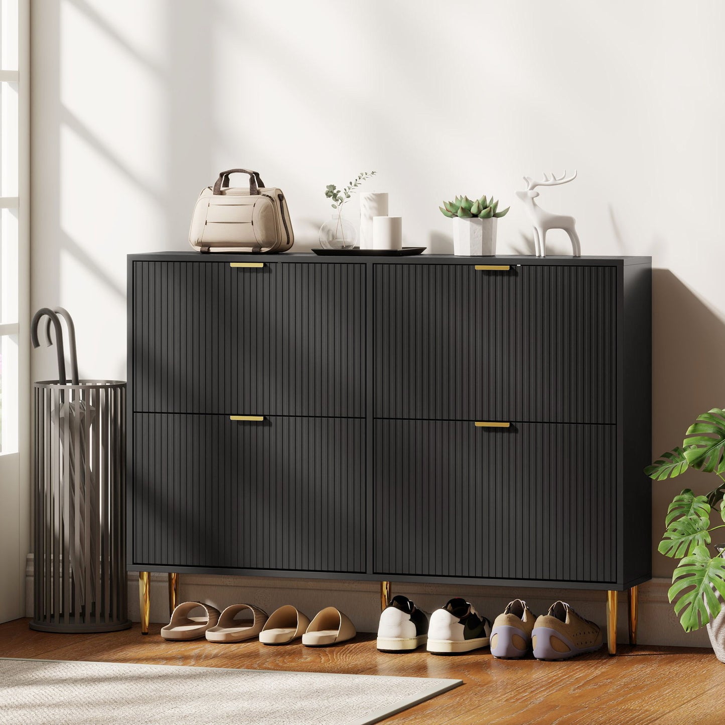 HOMCOM Elegant Four-Drawer White Shoe Cabinet With Adjustable Shelves Holds 10-20 Pairs And Gold-Colored Details
