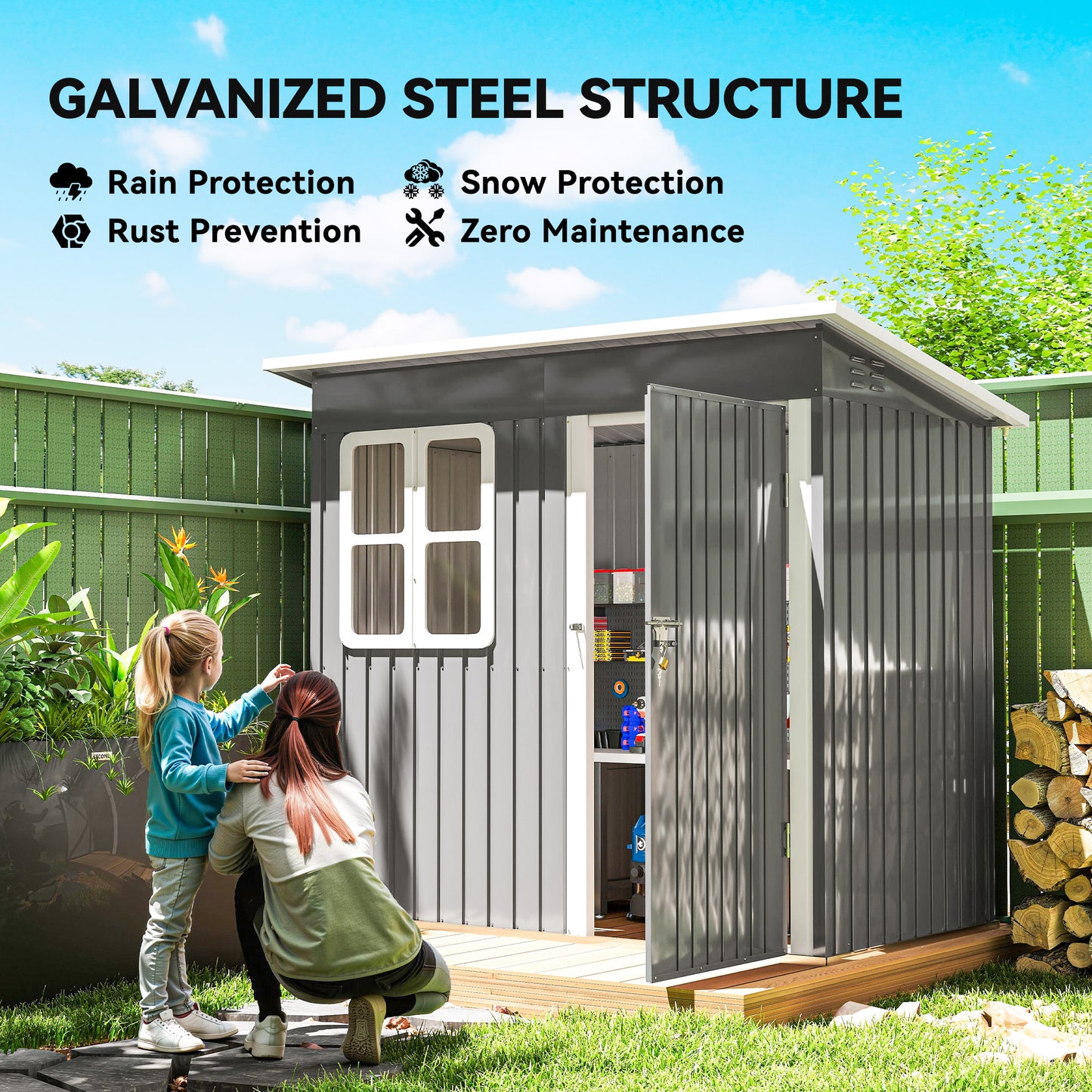 Outsunny 7 x 4 Ft Eco Friendly Galvanised Steel Garden Shed With Lock And Gloves Grey