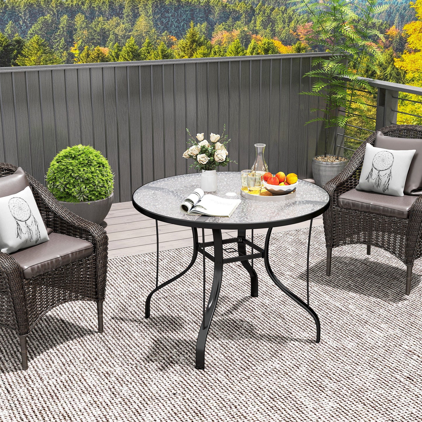 Outsunny Round Outdoor Dining Table With Tempered Glass Top And Parasol Hole 96.5 x 96.5 x 71 cm