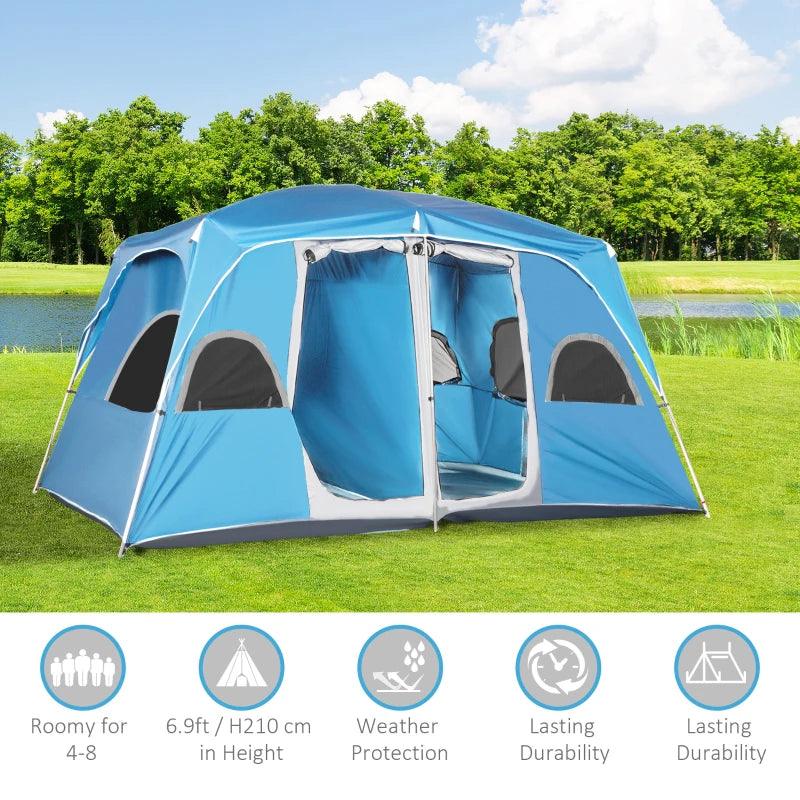 Outsunny Camping Tent, Family Tent 4-8 Person 2 Room Easy Set Up, Blue - ALL4U RETAILER LTD