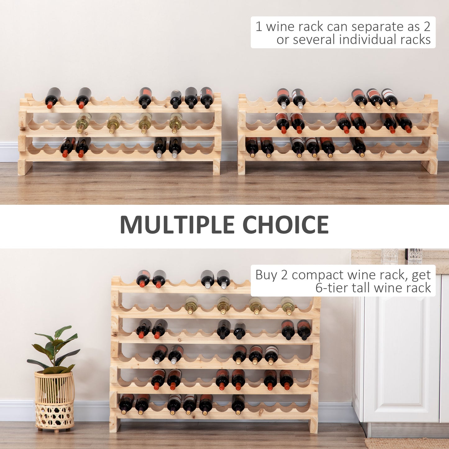 HOMCOM Three Tier Wooden Wine Rack Natural Finish Holds 36 Bottles 750ml Capacity
