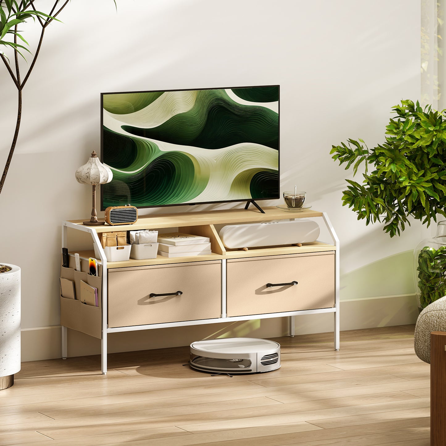 HOMCOM Industrial Style TV Stand Cabinet Natural Wood Finish With Two Drawers and Shelves and Side Pockets for 55in TV