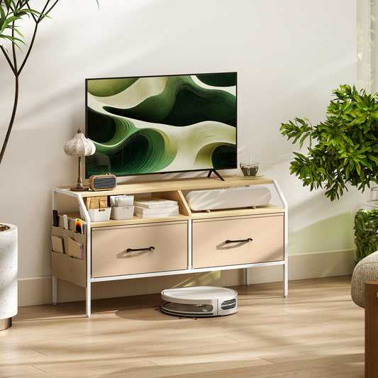 HOMCOM Industrial Style TV Stand Cabinet Natural Wood Finish With Two Drawers and Shelves and Side Pockets for 55in TV