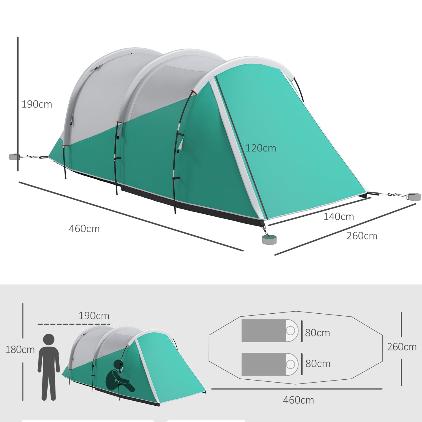 Outsunny Spacious 2-Room Family Camping Tent for 4-5 People, 3000mm Waterproof with Carry Bag, Ideal for Outdoor Adventures in Green - ALL4U RETAILER LTD