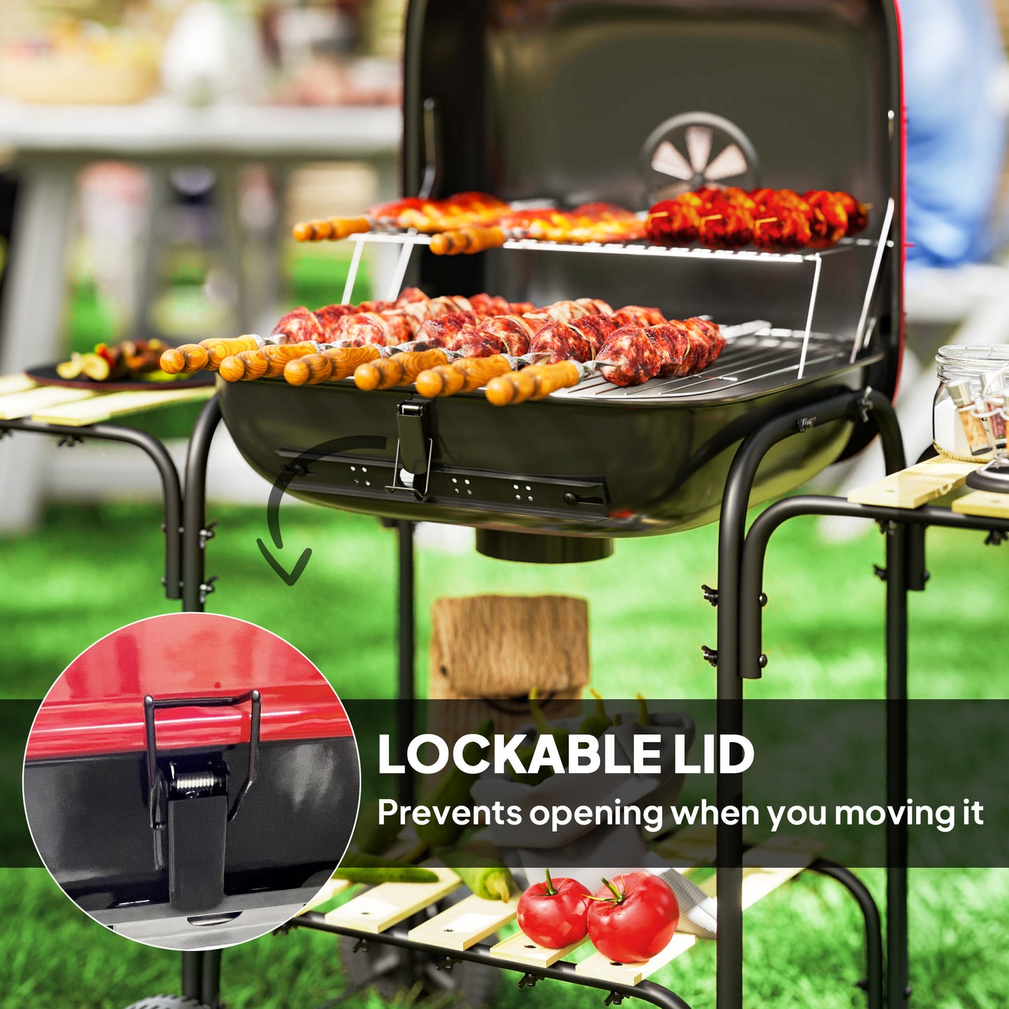 Outsunny Portable Charcoal BBQ Grill With 1840 cm2 Cooking Area Three Shelves Adjustable Vent Lockable Lid Wheels Red