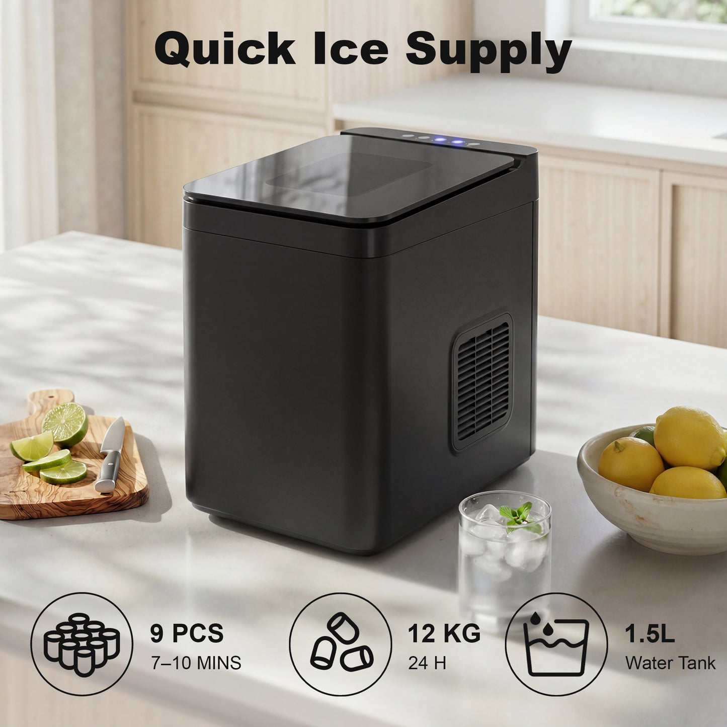 HOMCOM Countertop Ice Maker Self Cleaning Compact Machine With Two Ice Sizes 1.5 L Water Tank Black