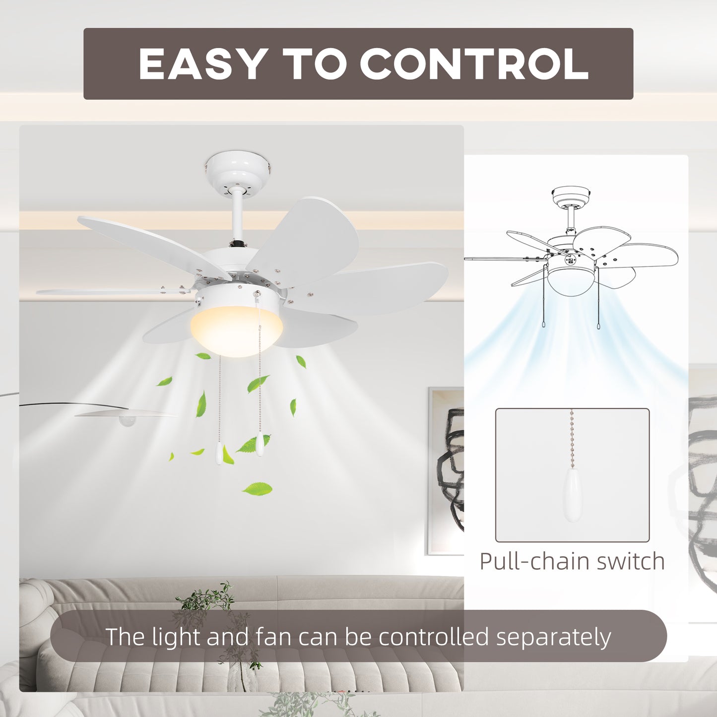 HOMCOM 6-Blade LED Ceiling Fan with Reversible Airflow and Pull-Chain Control in White Finish - ALL4U RETAILER LTD