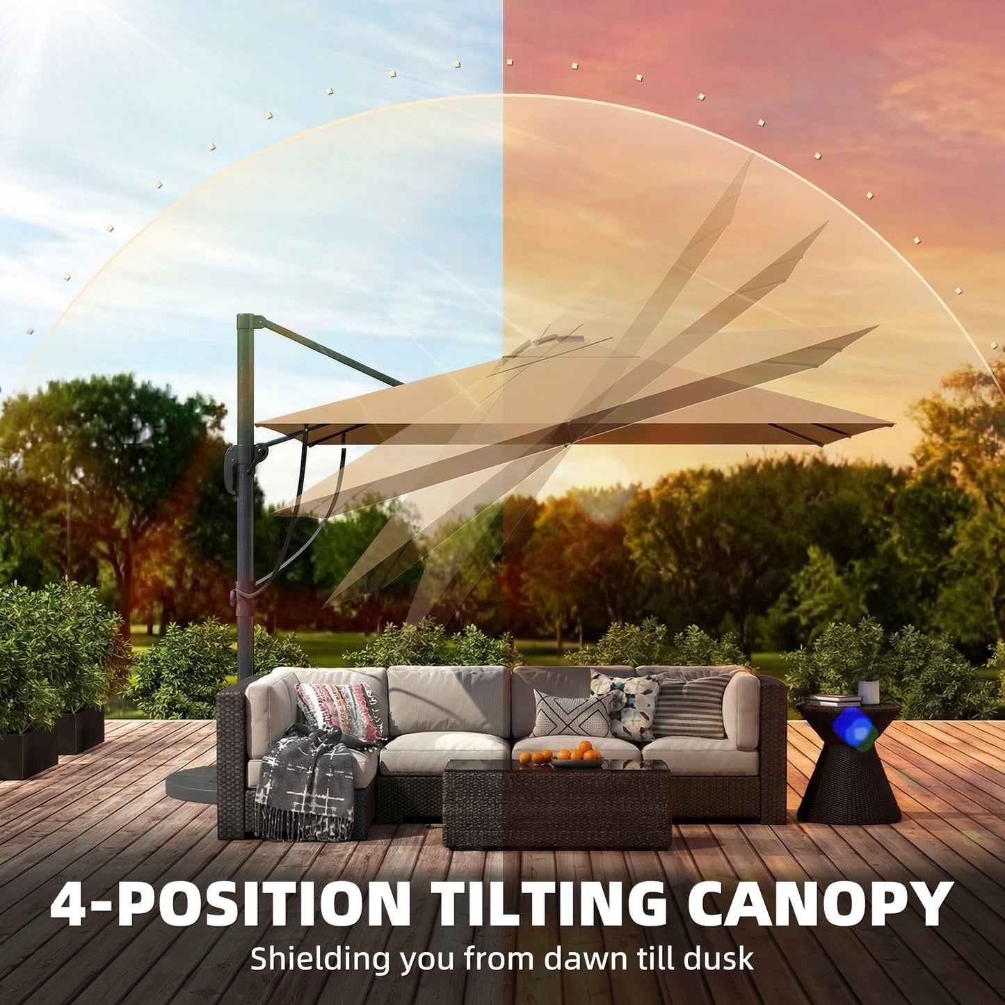 Outsunny 3 x 3 m Garden Cantilever Parasol With Light And Wind Protection 360 Degree Rotation Khaki
