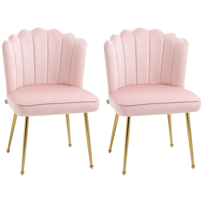 HOMCOM Set of 2 Shell Dining Chairs: Upholstered Kitchen Chairs with Gold Metal Legs and Backrest, Velvet Fabric Lounge Leisure Chairs for Living Room, Reception Room - Pink - ALL4U RETAILER LTD