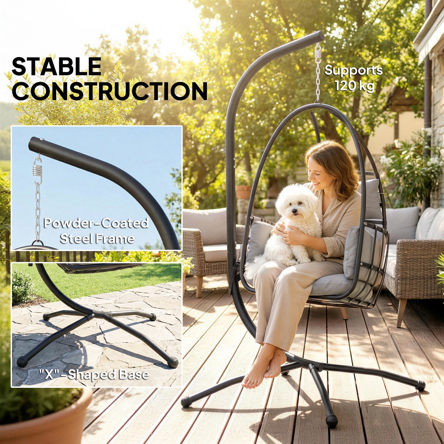 Outsunny Hanging Egg Chair With Stand For Indoor And Outdoor Use, Foldable Basket, Side Pocket, Dark Grey