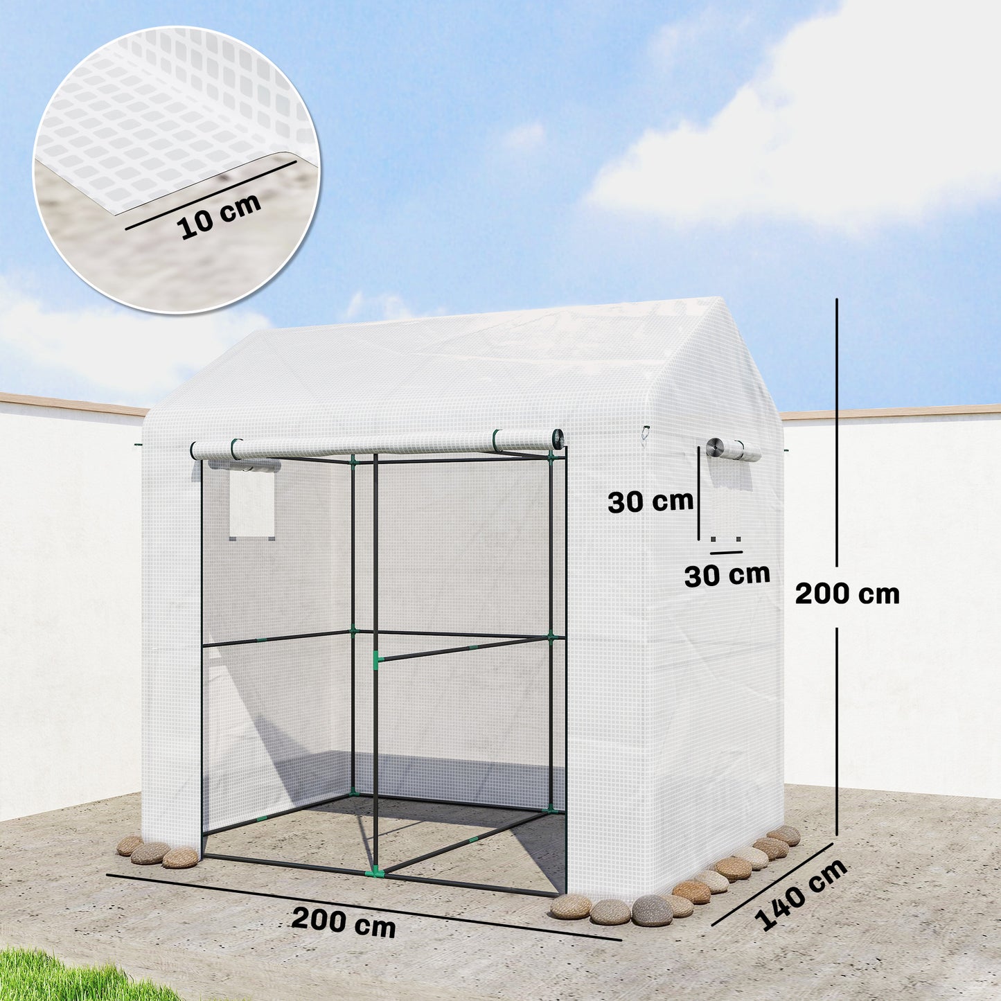 Outsunny Walk In Greenhouse For Outdoor Tomatoes With Roll Up Door And Mesh Windows PE Cover 200 x 140 x 200 cm White
