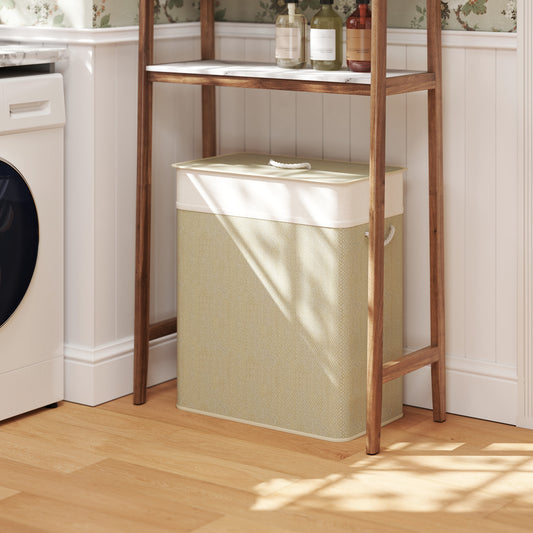 HOMCOM Double Laundry Hamper With Lid 100L Bamboo Basket With Rope Handles And Removable Liner Cream White