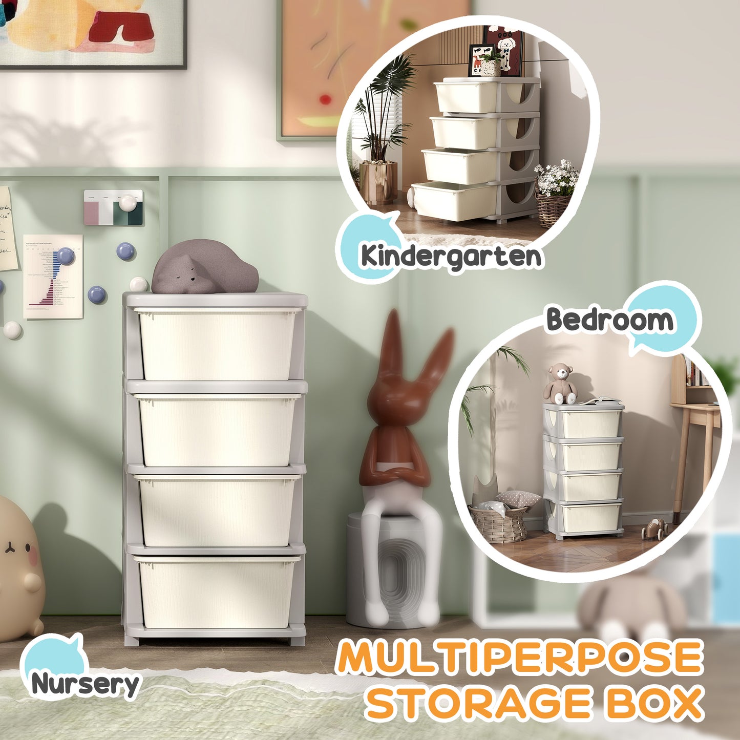 HOMCOM Four Tier Kids Storage Boxes With Four Drawers White PP Material Toy Organizer For Playroom