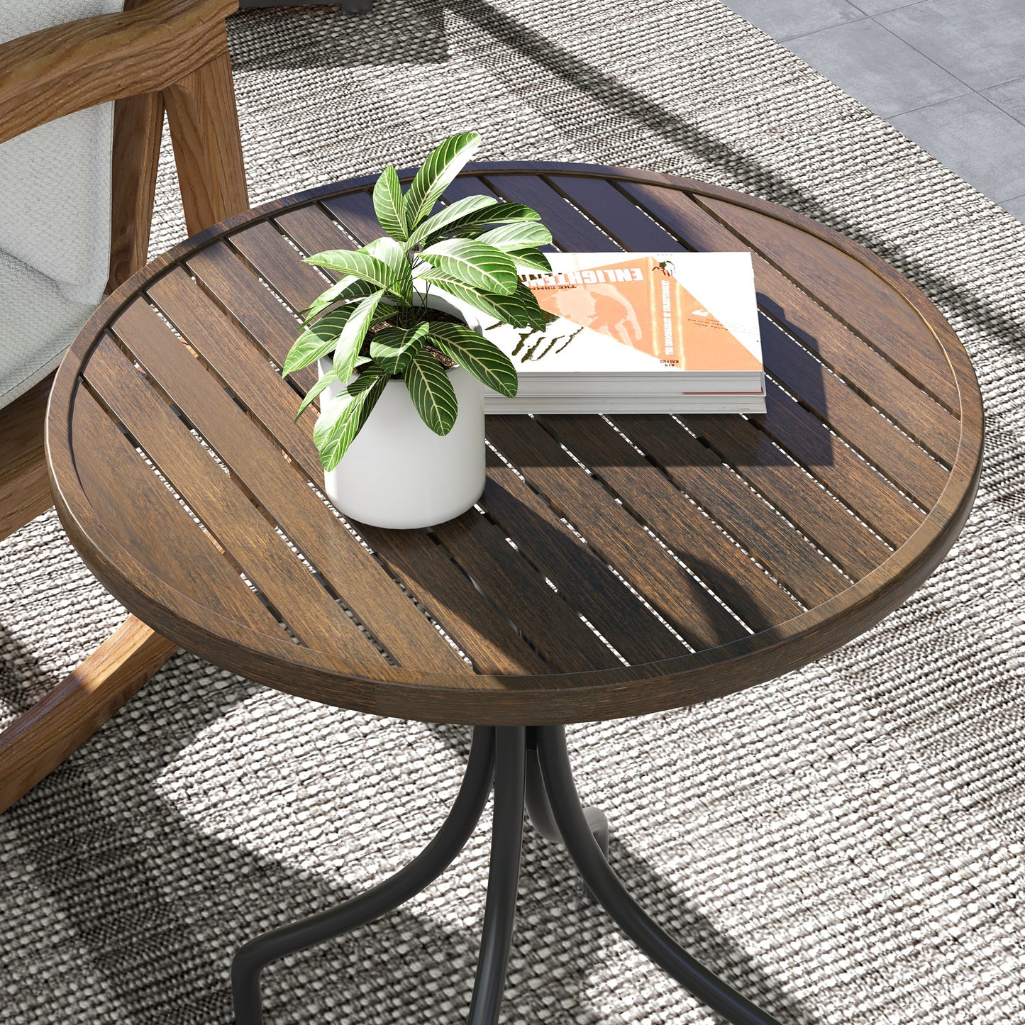 Outsunny 66cm Galvanised Steel Round Garden Table Brown With Slatted Top Outdoor Patio Furniture