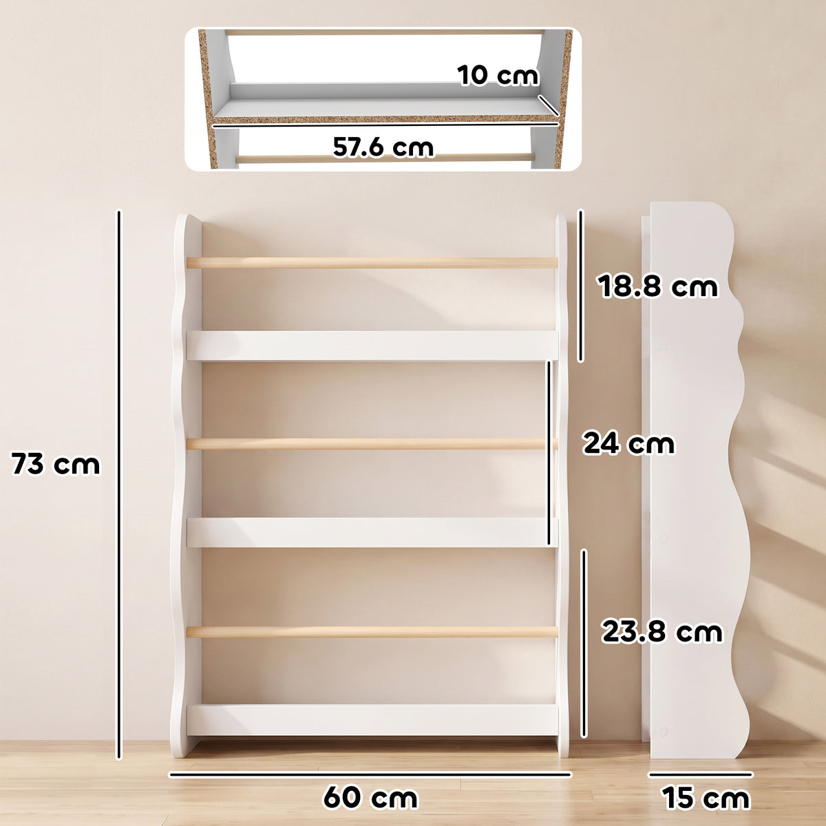White wall bookshelf dimensions view with multiple open tiers and side brackets