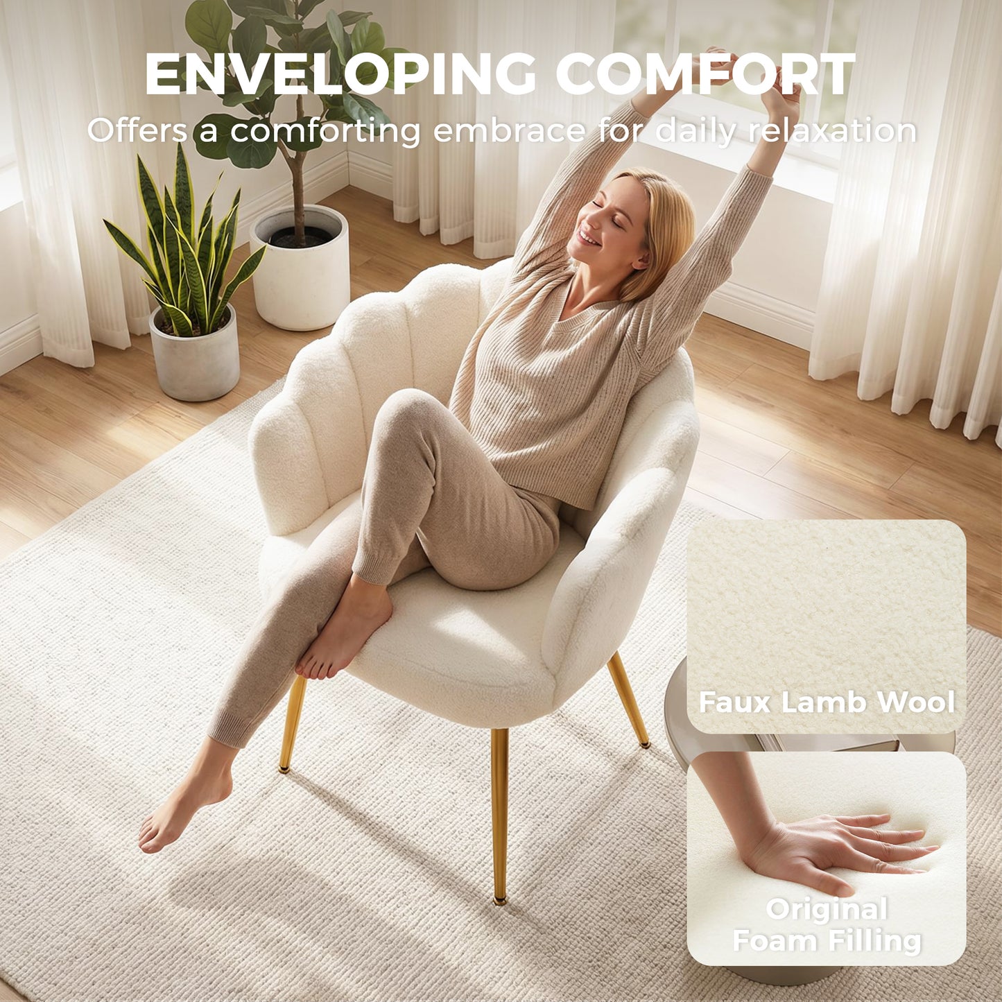 HOMCOM Petal Back Lounge Chair With Metal Legs Cream Armchair For Living Room And Bedroom