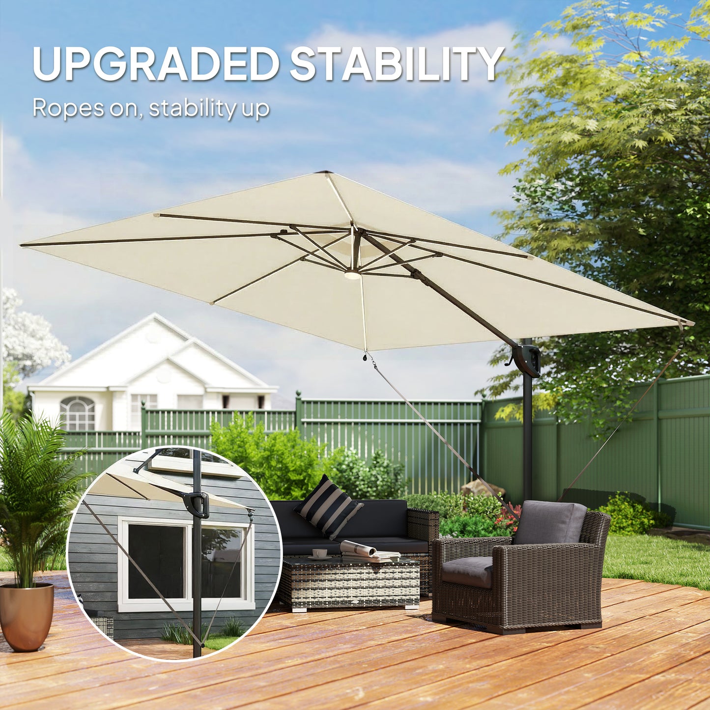 Outsunny 3 x 3 m Garden Cantilever Parasol With Light Cover UPF50 Plus Wind Protection 360 Rotation Cream White