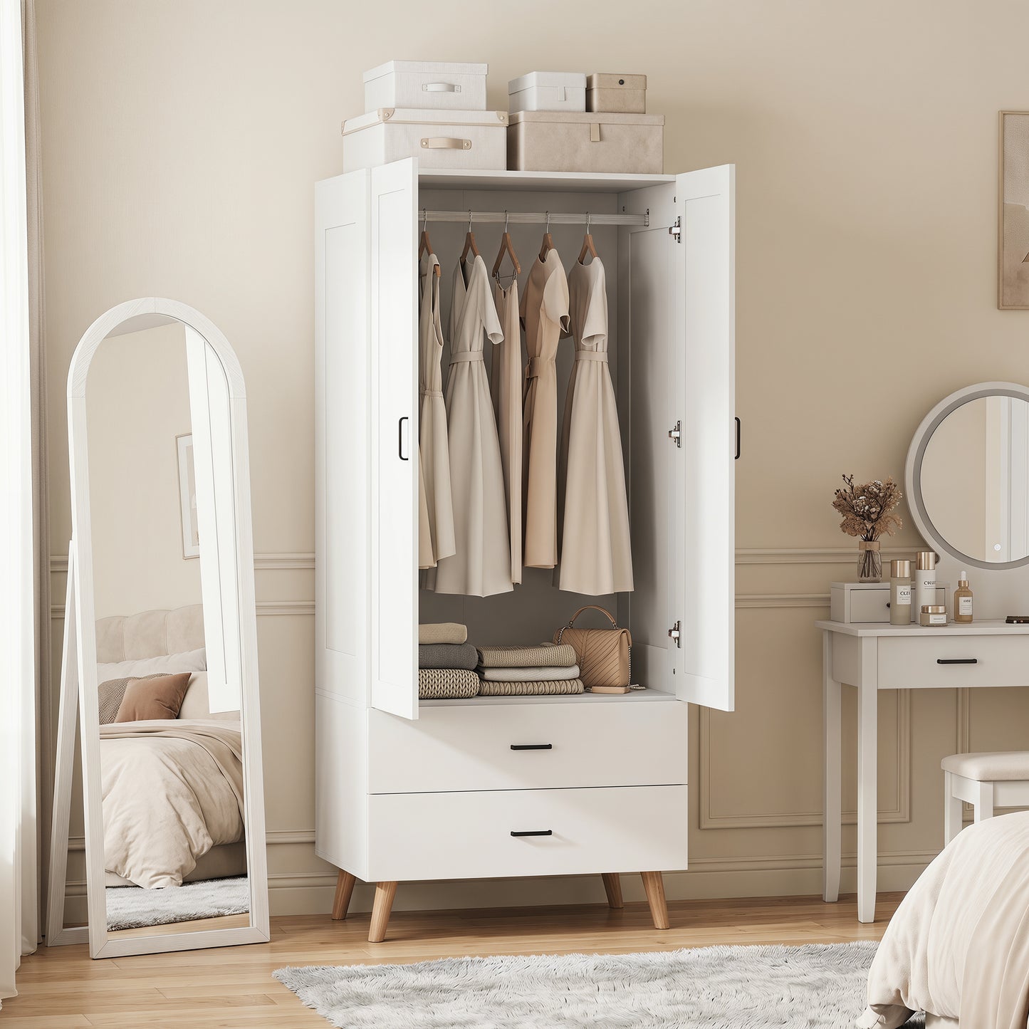 HOMCOM 2 Door Wardrobe With 2 Drawers And Hanging Rail In White For Bedroom Storage