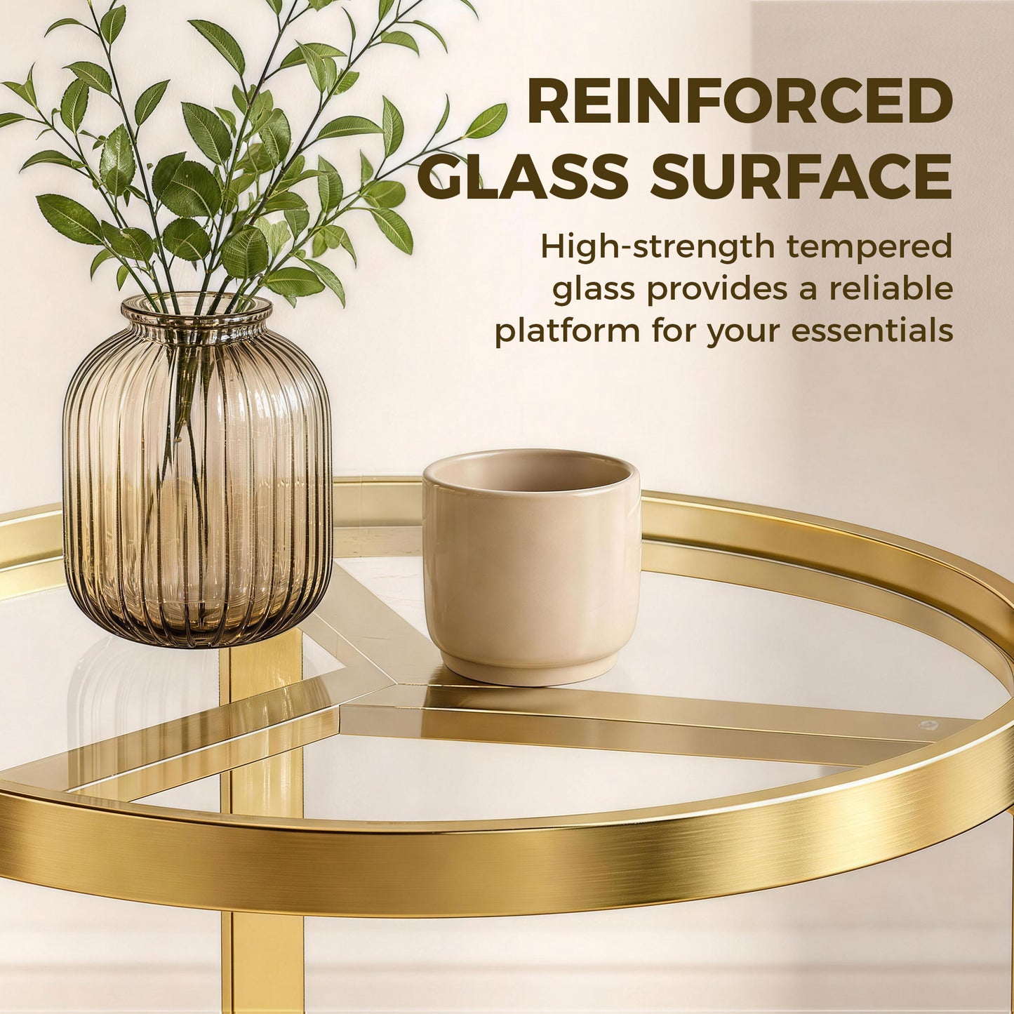 HOMCOM Round Glass Side Table With Tempered Glass Top And Geometric Metal Frame For Small Space Gold Tone