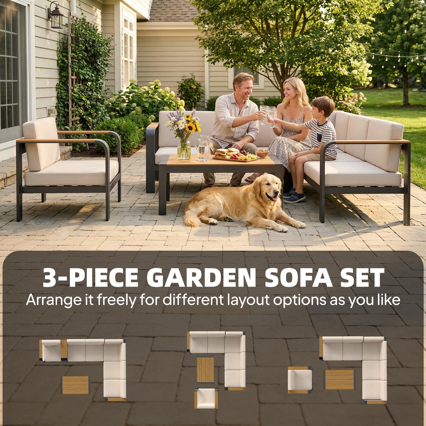 Outsunny 3 Pieces Garden Furniture Set With L-Shaped Sofa, Armchair And Coffee Table Aluminium Outdoor Corner Sofa Set