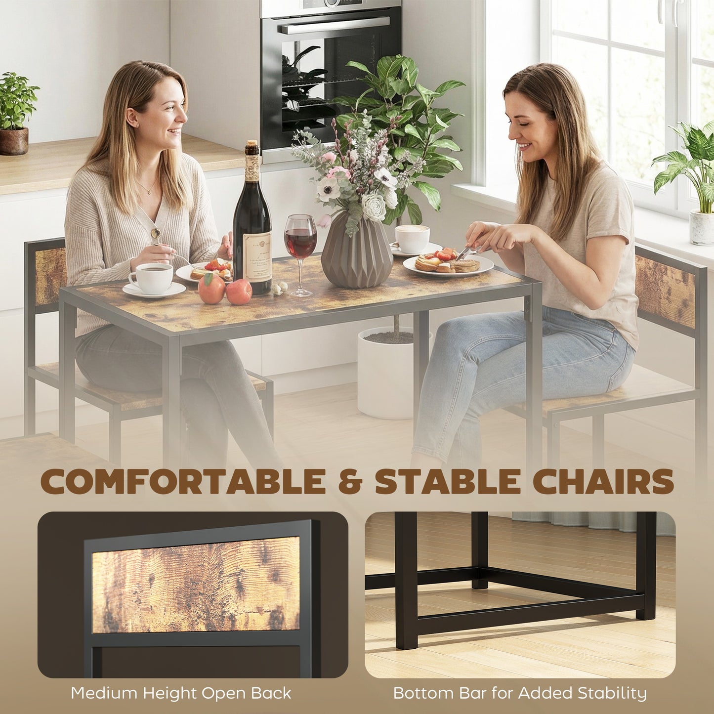 HOMCOM 3 Piece Table And Stool Set Rustic Brown For Kitchen Dining With Steel Frame And Chestnut MDF Panels