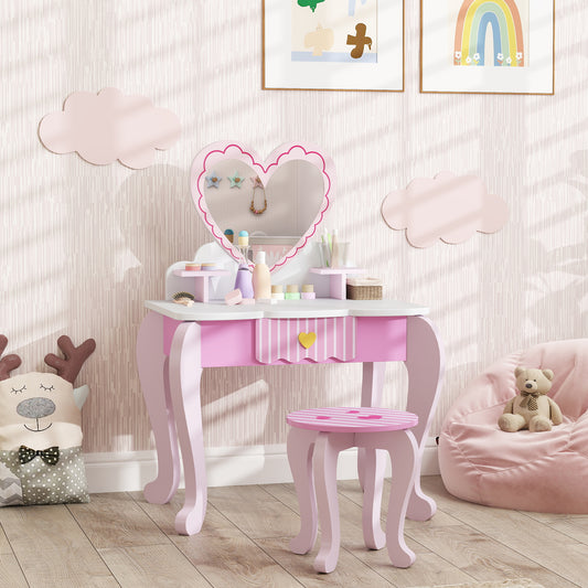 AIYAPLAY Kids Vanity Dressing Table Set With Stool Mirror Drawer And Desktop Storage Heart Theme Pink