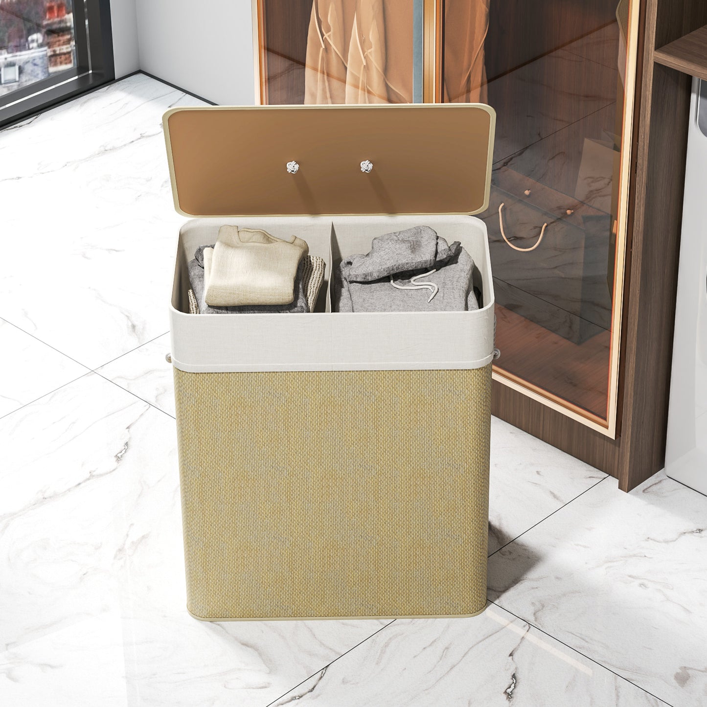 HOMCOM Double Laundry Hamper With Lid 100L Bamboo Basket With Rope Handles And Removable Liner Cream White