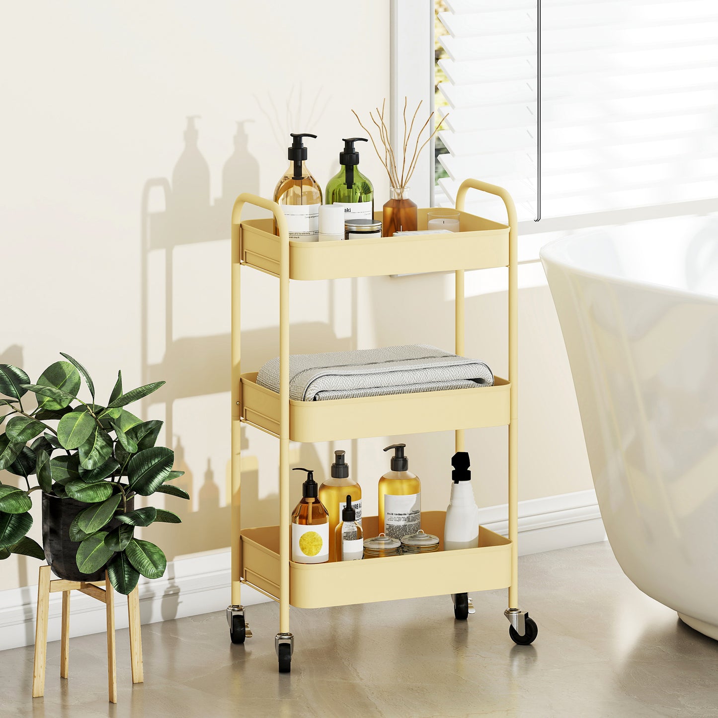 HOMCOM Three Tier Steel Storage Trolley With Baskets Yellow Rolling Cart For Kitchen Laundry Home Organization