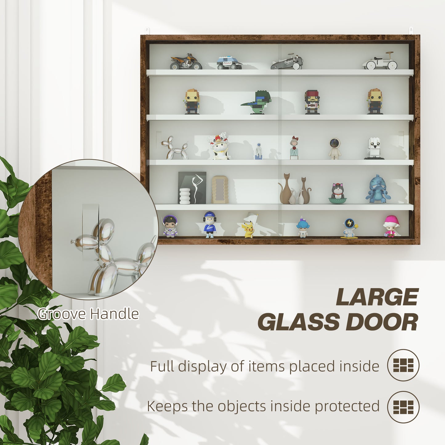 HOMCOM 5 Tier Wall Display Cabinet With Glass Doors 60x80cm Rustic Brown And Four Adjustable Shelves