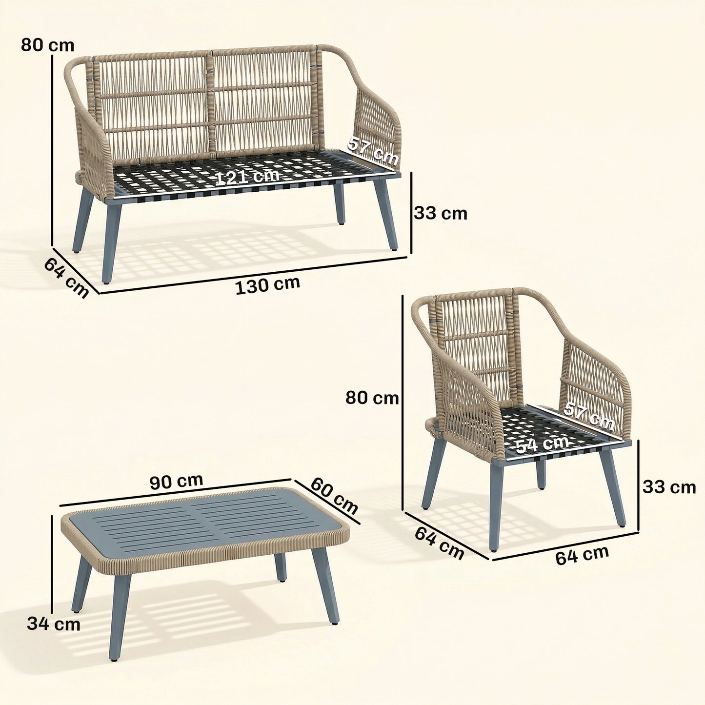 Outsunny 4 Piece Rattan Garden Furniture Set With Loveseat, Armchairs And Wood Table In Grey