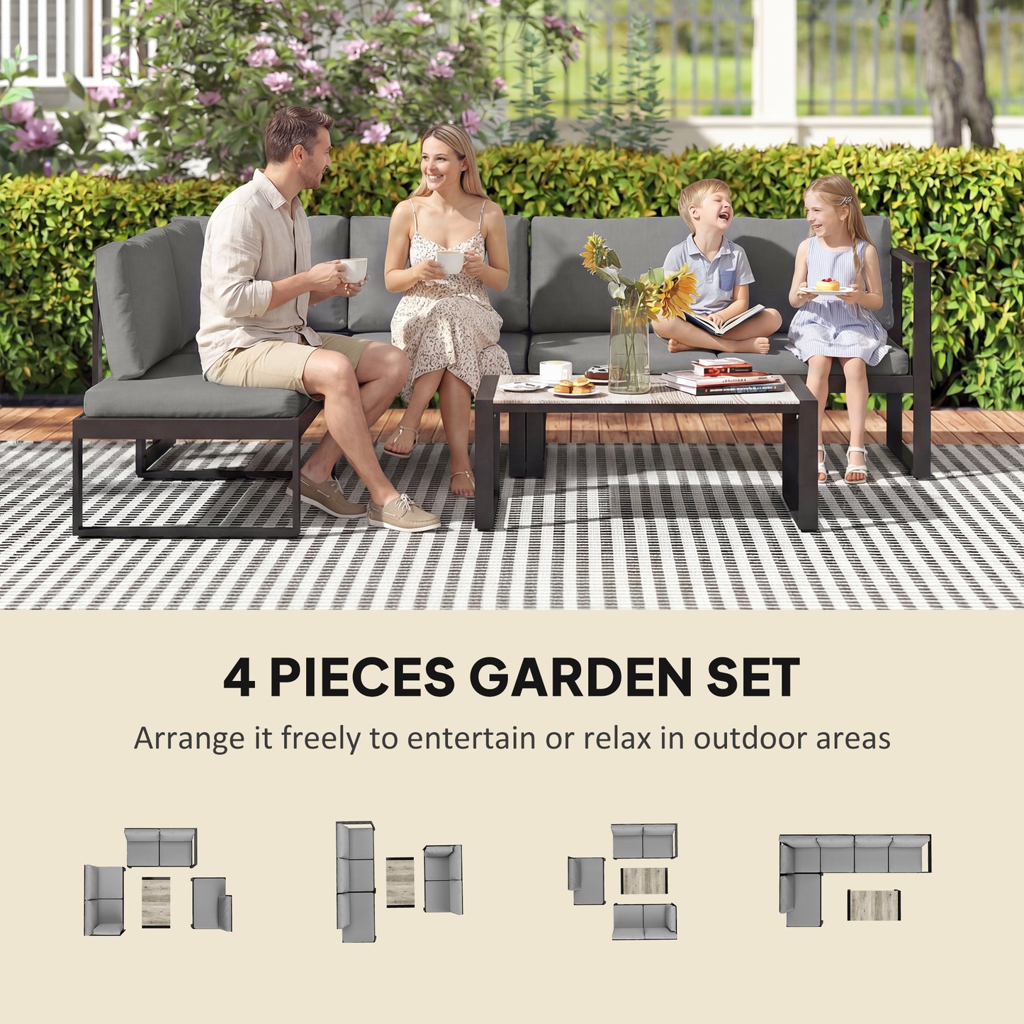 Outsunny 4 Piece Garden Sofa Set With Two Loveseats Armless Chair And Coffee Table For Balcony Dark Grey