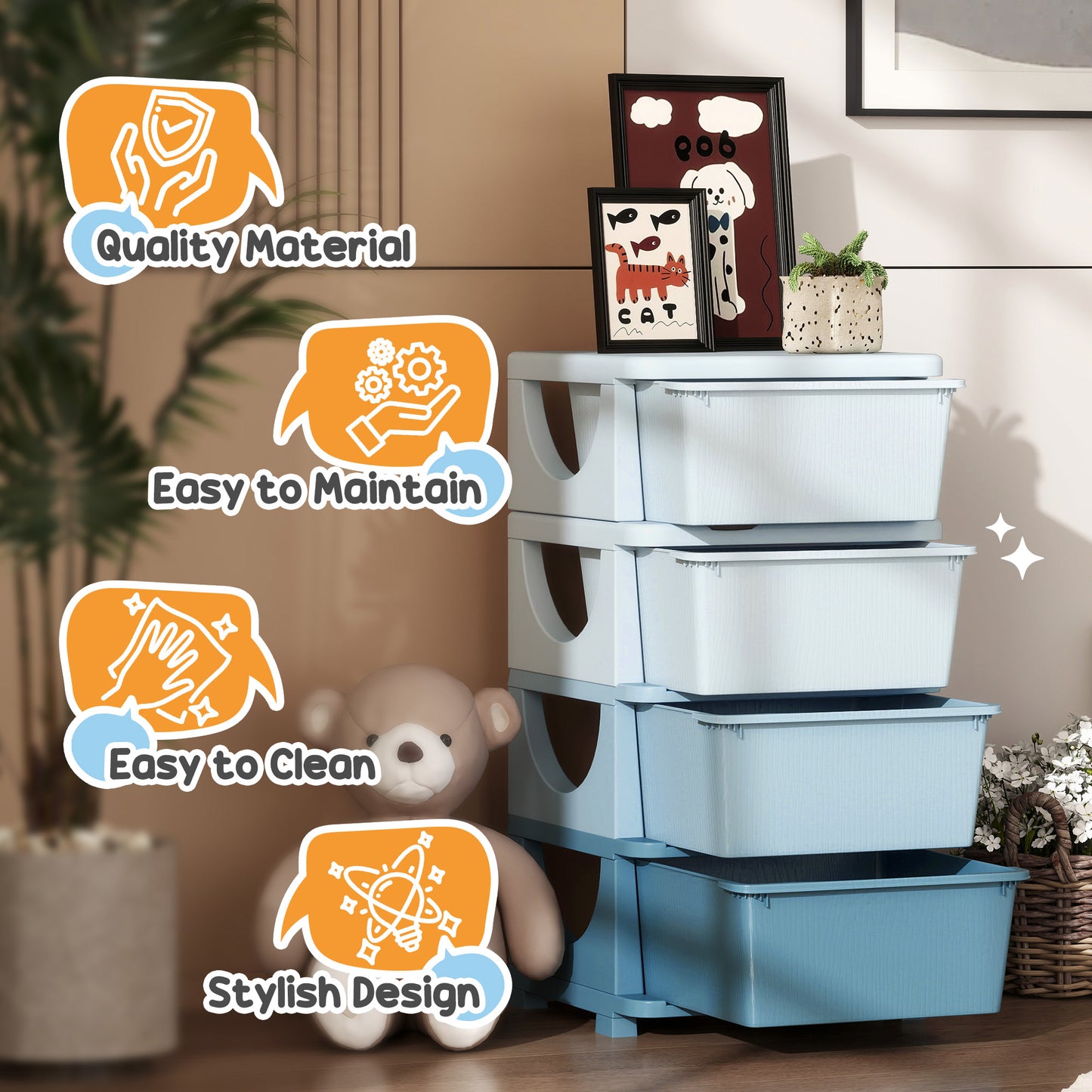 HOMCOM Four Tier Kids Storage Boxes With Four Drawers Blue PP Easy Clean Toy Organizer For Toys Books