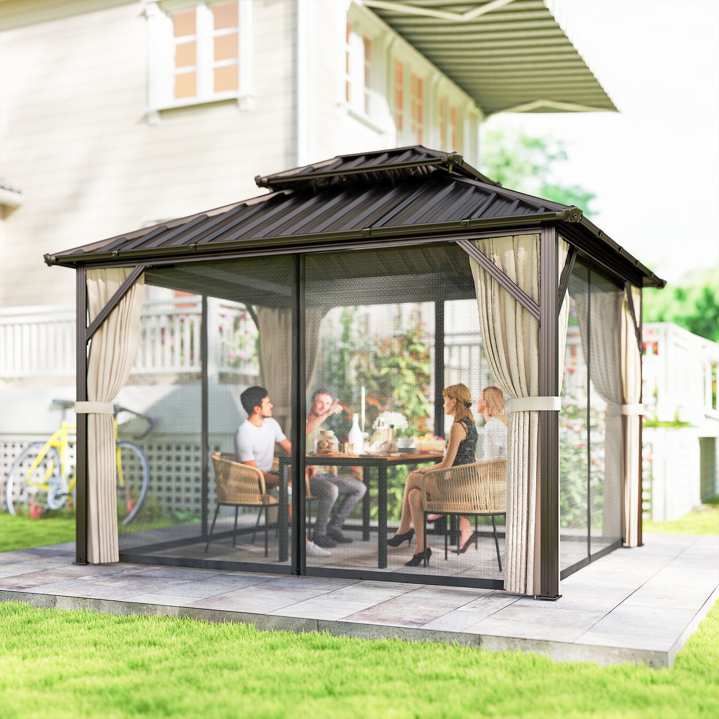 Outsunny 3x3 M Permanent Hardtop Gazebo With UPF50 Plus Double Galvanised Steel Roof Aluminium Garden Pavilion Brown