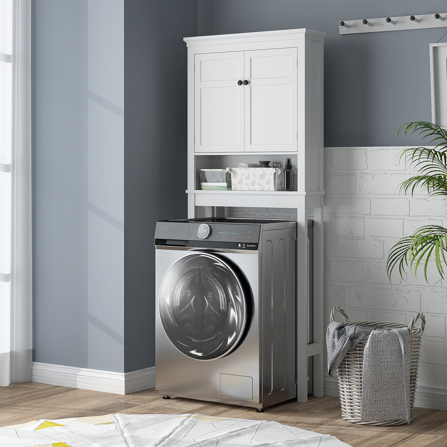 HOMCOM Over Toilet Cabinet With Adjustable Middle Shelf White Bathroom Storage Organizer For Laundry