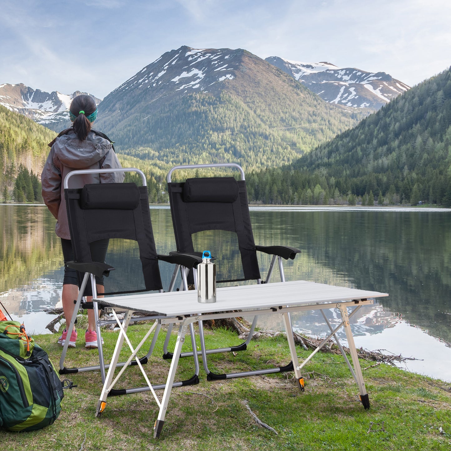 Outsunny 3 Piece Folding Camping Table And Chairs Set With Adjustable Height Table And Backpacking Chairs