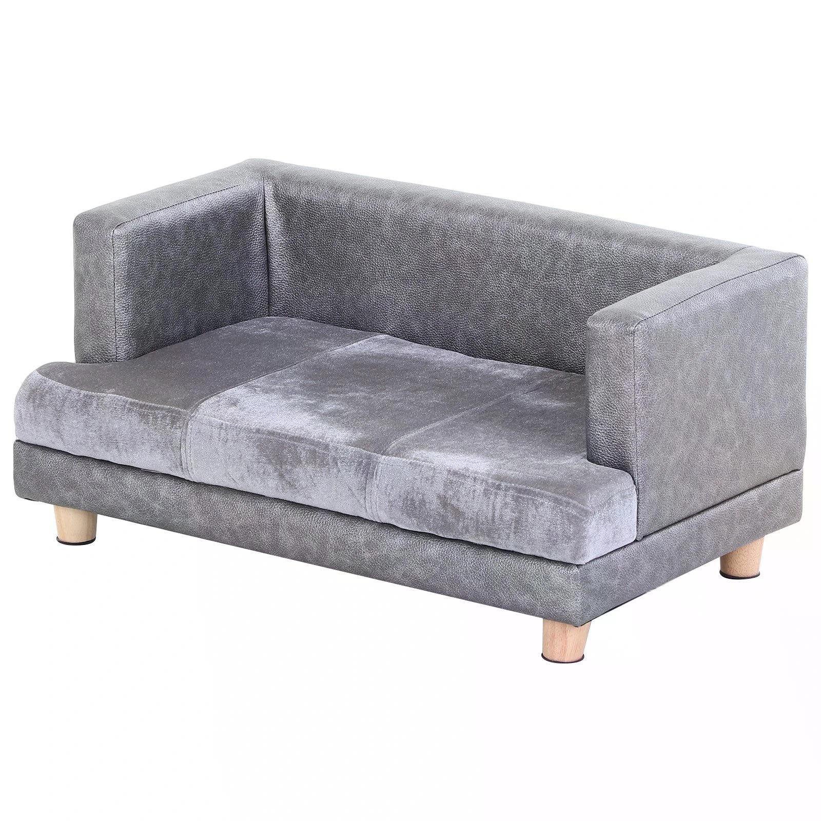 PawHut Grey PU Leather Elevated Pet Sofa Bed - ALL4U RETAILER LTD