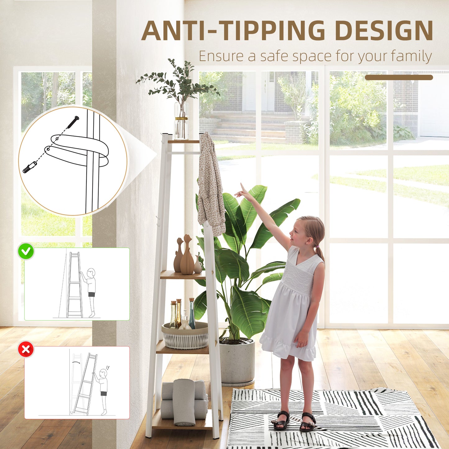 HOMCOM Compact Freestanding Coat Rack White Oak Finish With Eight Double Hooks And Three Shelves For Corner Spaces