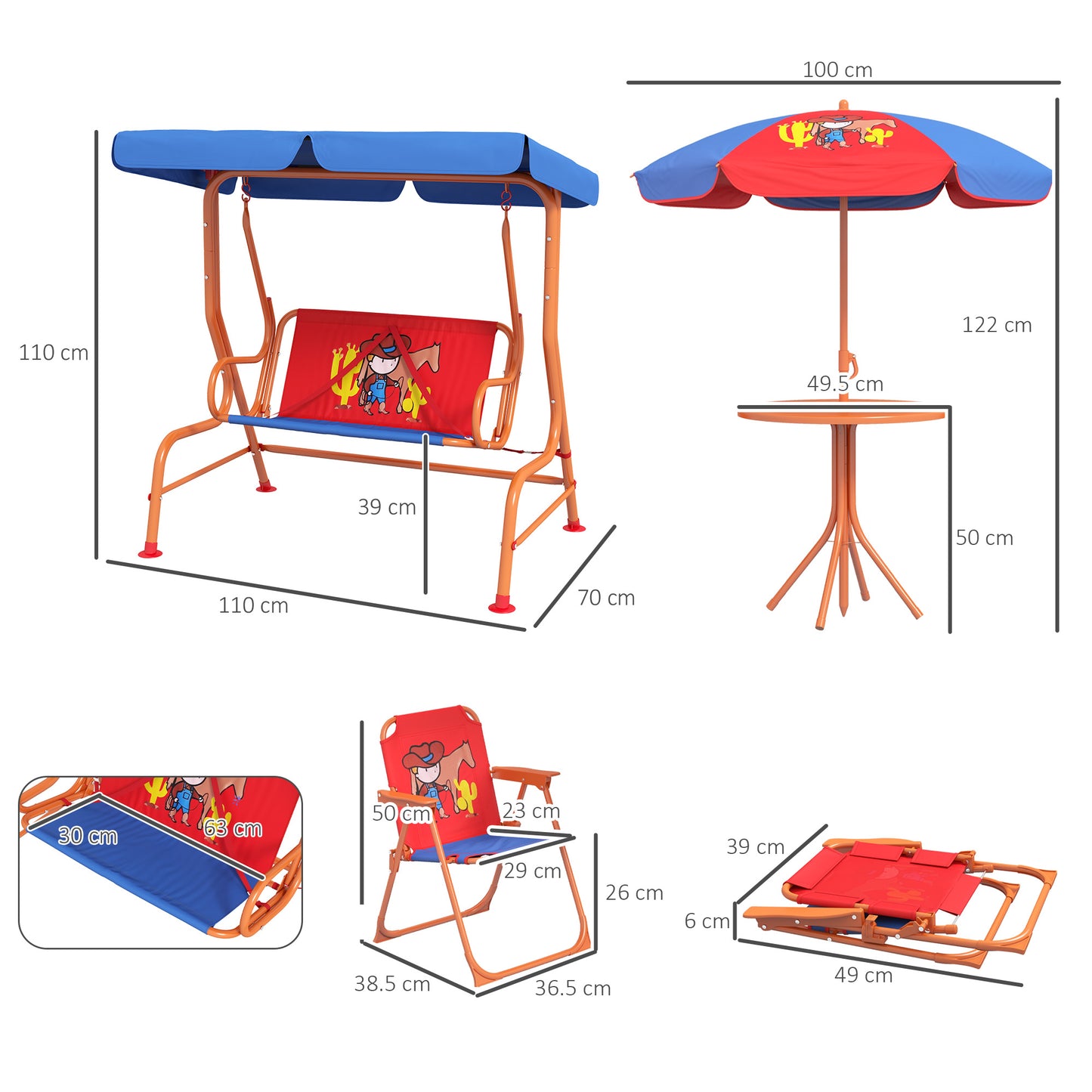 HOMCOM Cowboy-Themed 4-Piece Kids Outdoor Swing and Garden Furniture Set with Adjustable Canopy - ALL4U RETAILER LTD