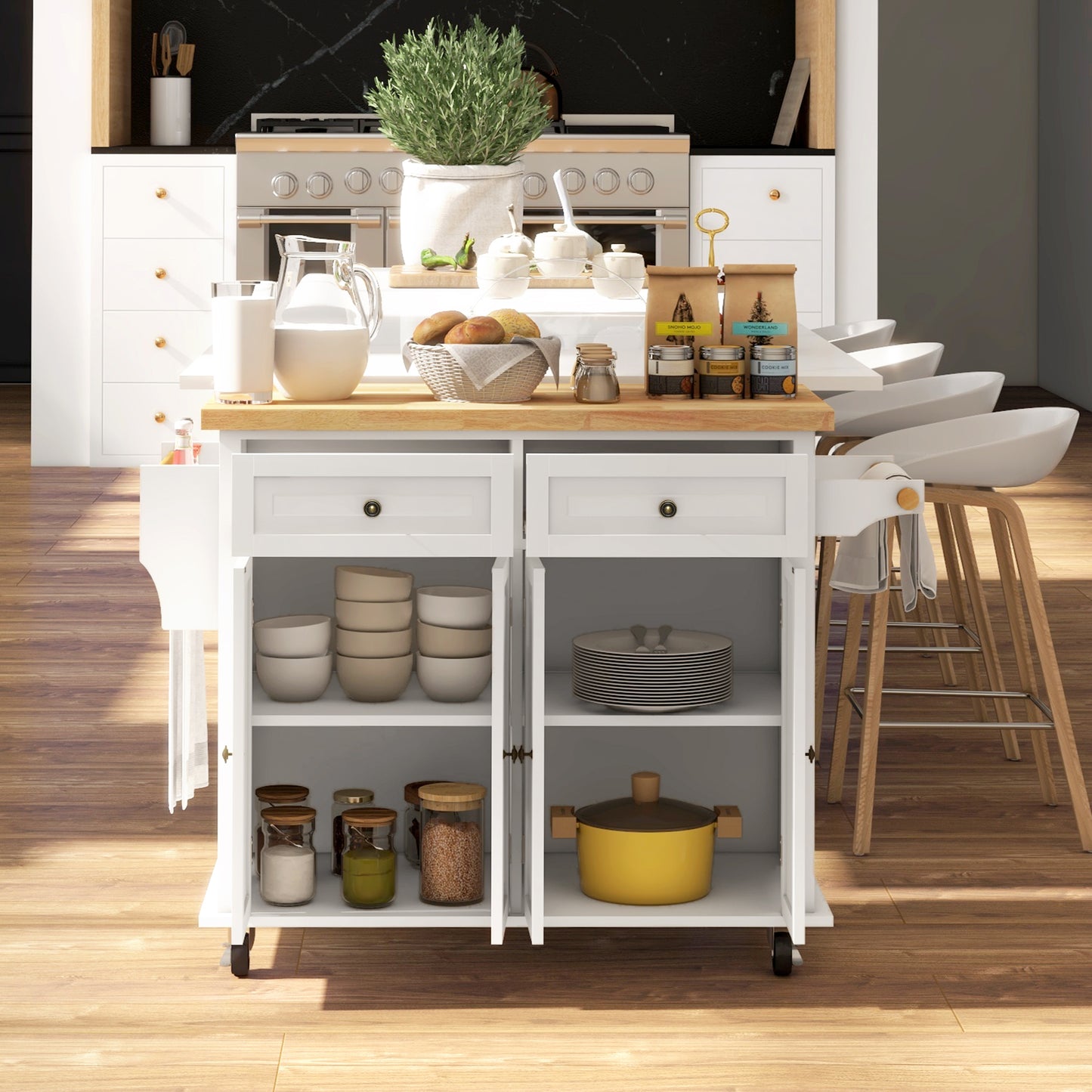HOMCOM Rolling Kitchen Island Storage Trolley With Rubber Wood Top 2 Drawers 2 Cabinets Towel Bar Cream White