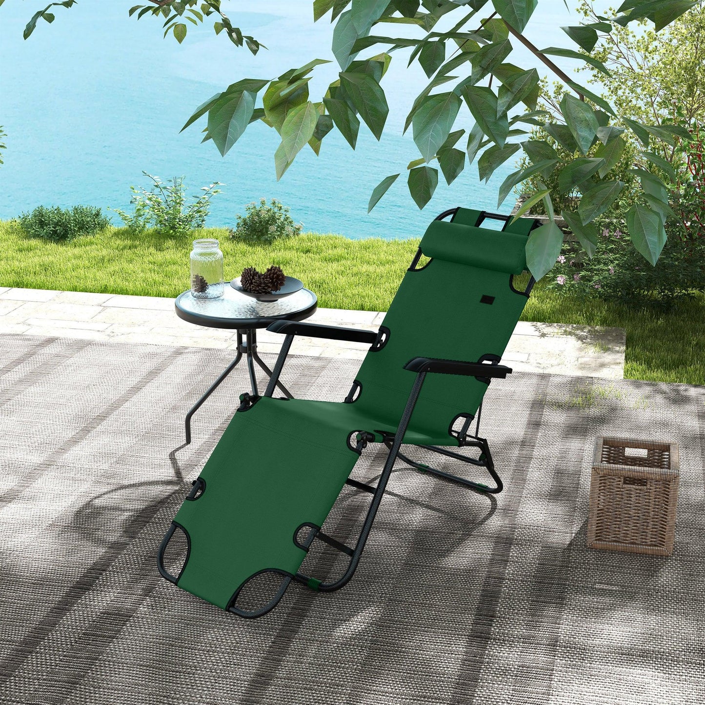 Outsunny 2 in 1 Sun Lounger Folding Reclining Chair Garden Outdoor Camping Adjustable Back with Pillow, Green - ALL4U RETAILER LTD