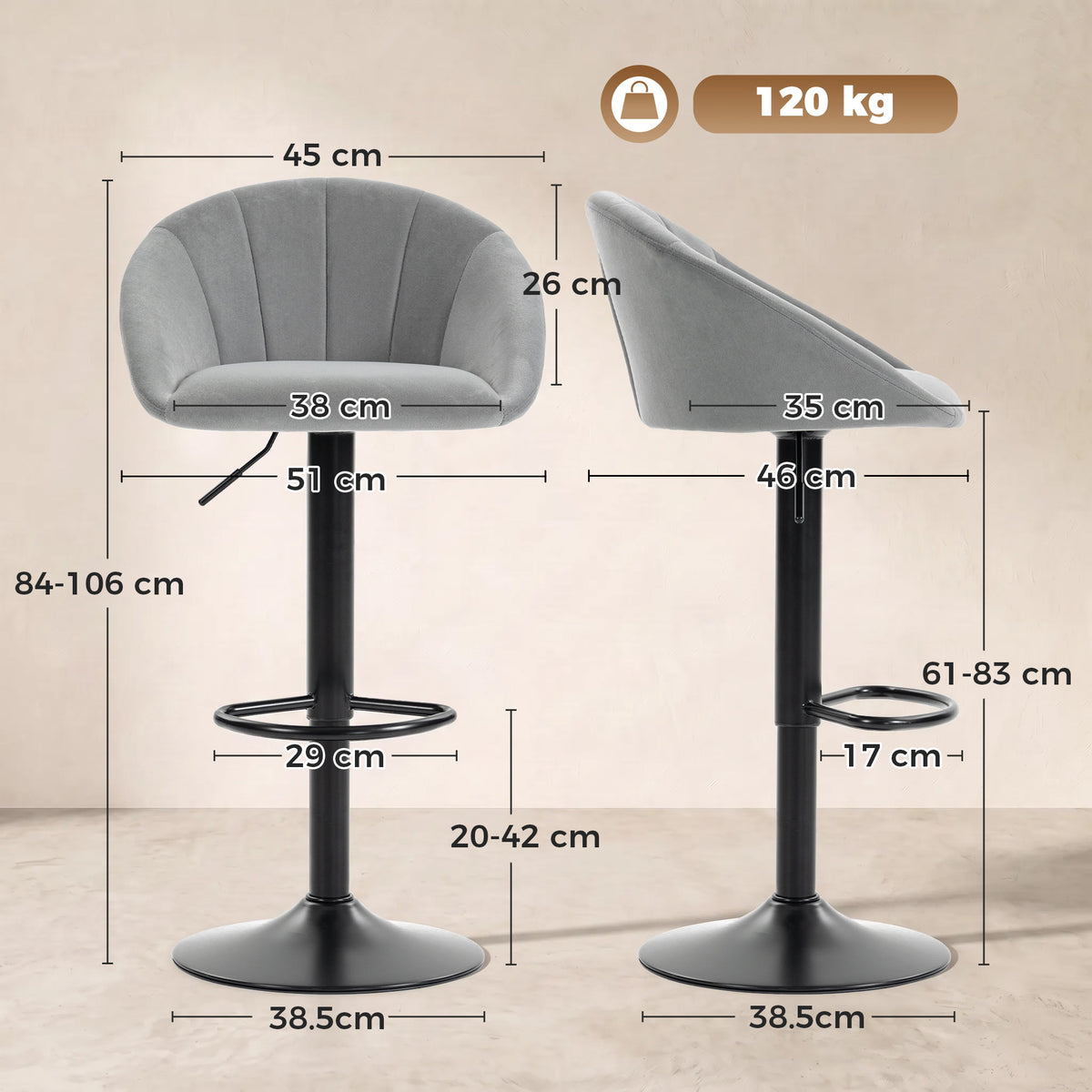 Pair of light gray upholstered bar stools with curved backrests and black pedestal bases