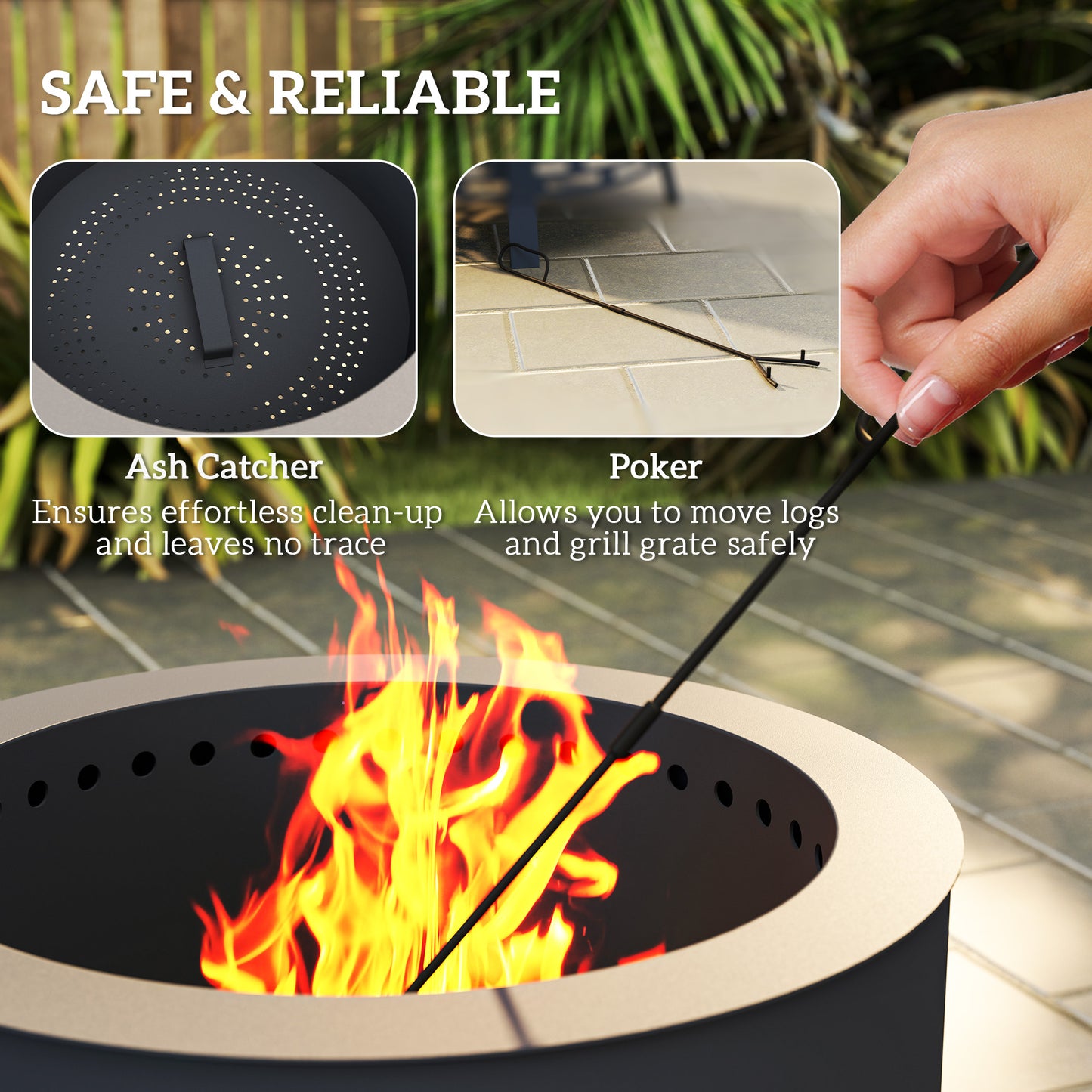 Outsunny Portable Fire Pit 58 cm Round With Grill Grate Ash Catcher And Poker For Garden Camping Bonfire BBQ Black