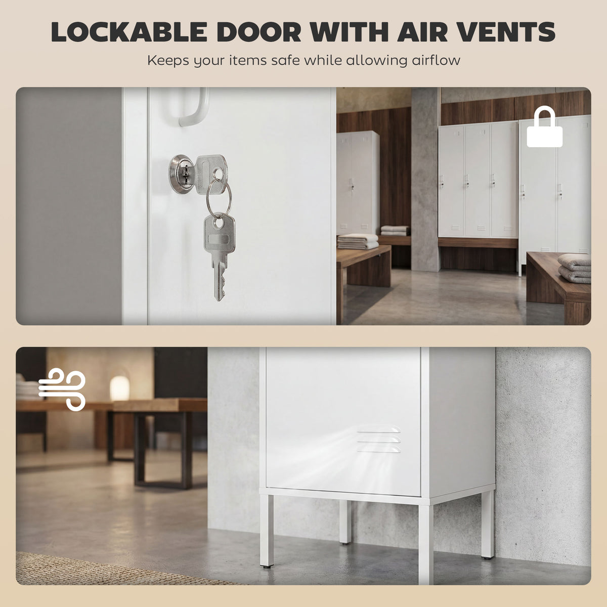 Lockable white metal locker door with air vents and keyed lock.