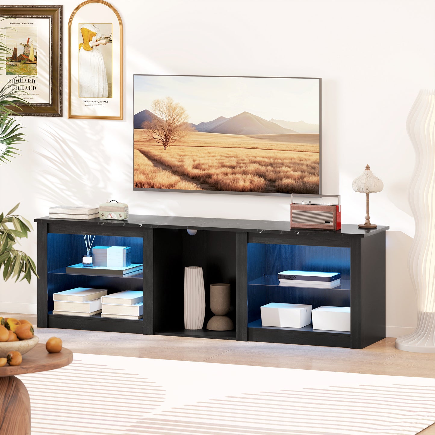 HOMCOM 65 Inch TV Stand With USB Powered RGB LED Lights 22 Modes 7 Colours Storage Black Finish