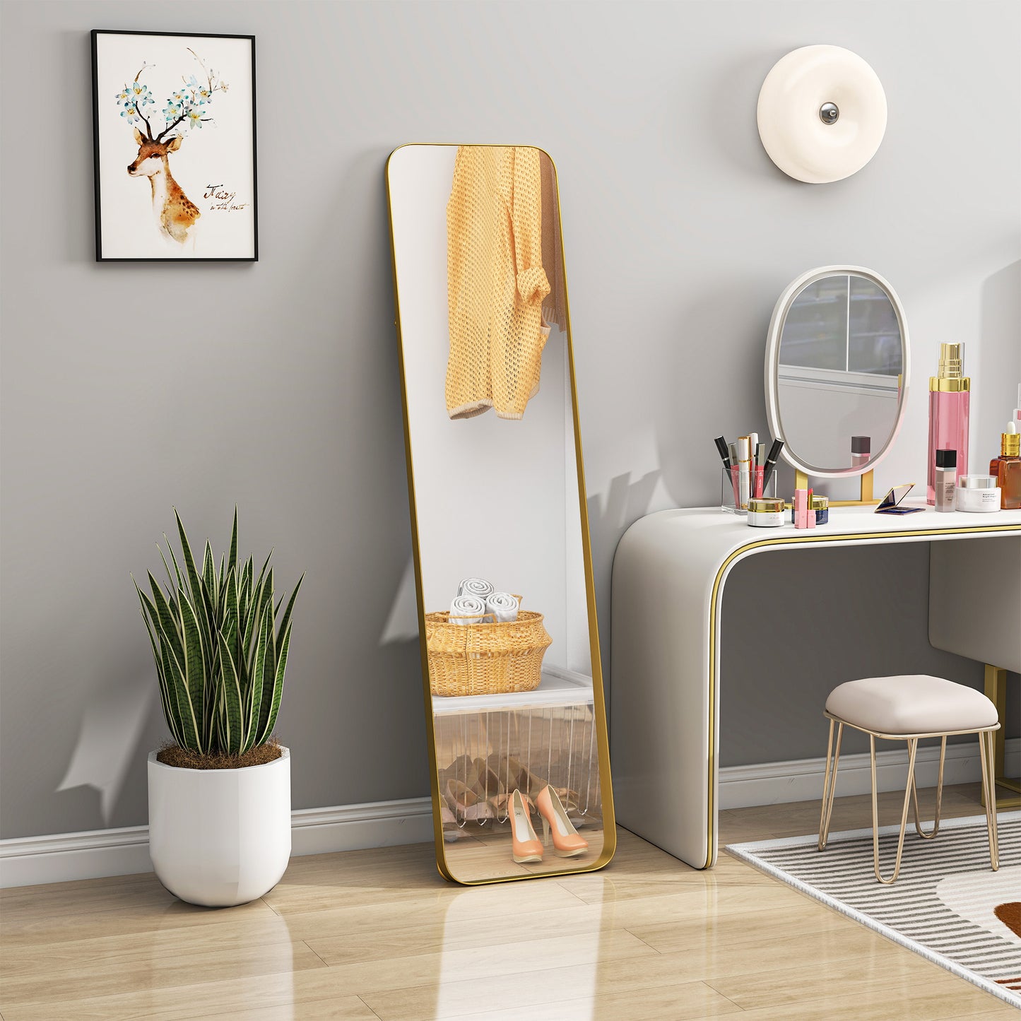HOMCOM 40 x 160 Cm Rectangular Full Length Mirror Gold Tone With Tilt For Lean Against Wall Or Free Standing Bracket