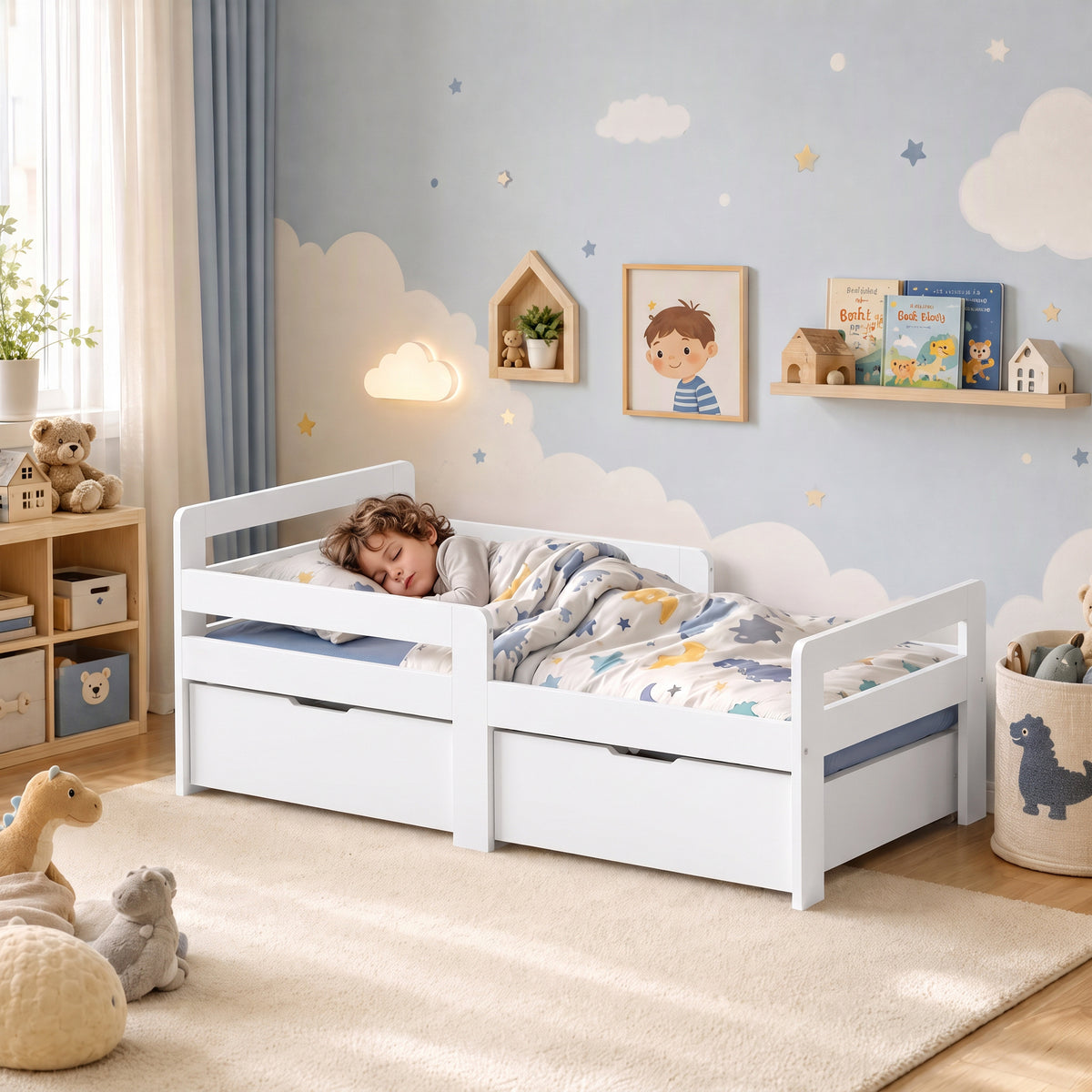 White kids wooden bed frame with guard rails and two storage drawers