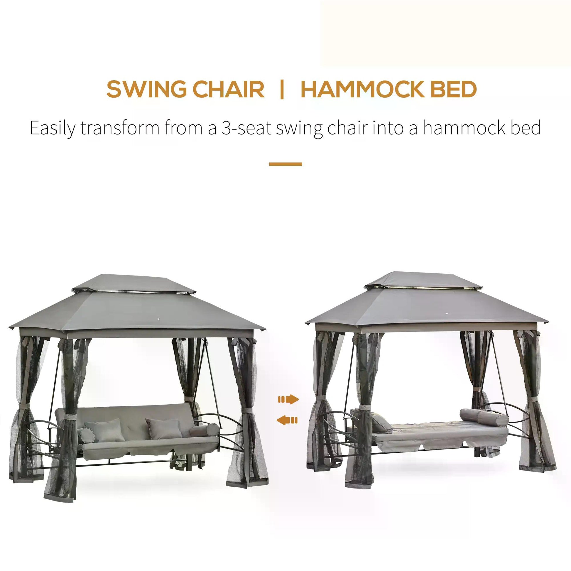 Outsunny Outdoor 3-Seater Swing Bed with Canopy, Cushioned Seating, and Mesh Curtains - Grey Gazebo - ALL4U RETAILER LTD